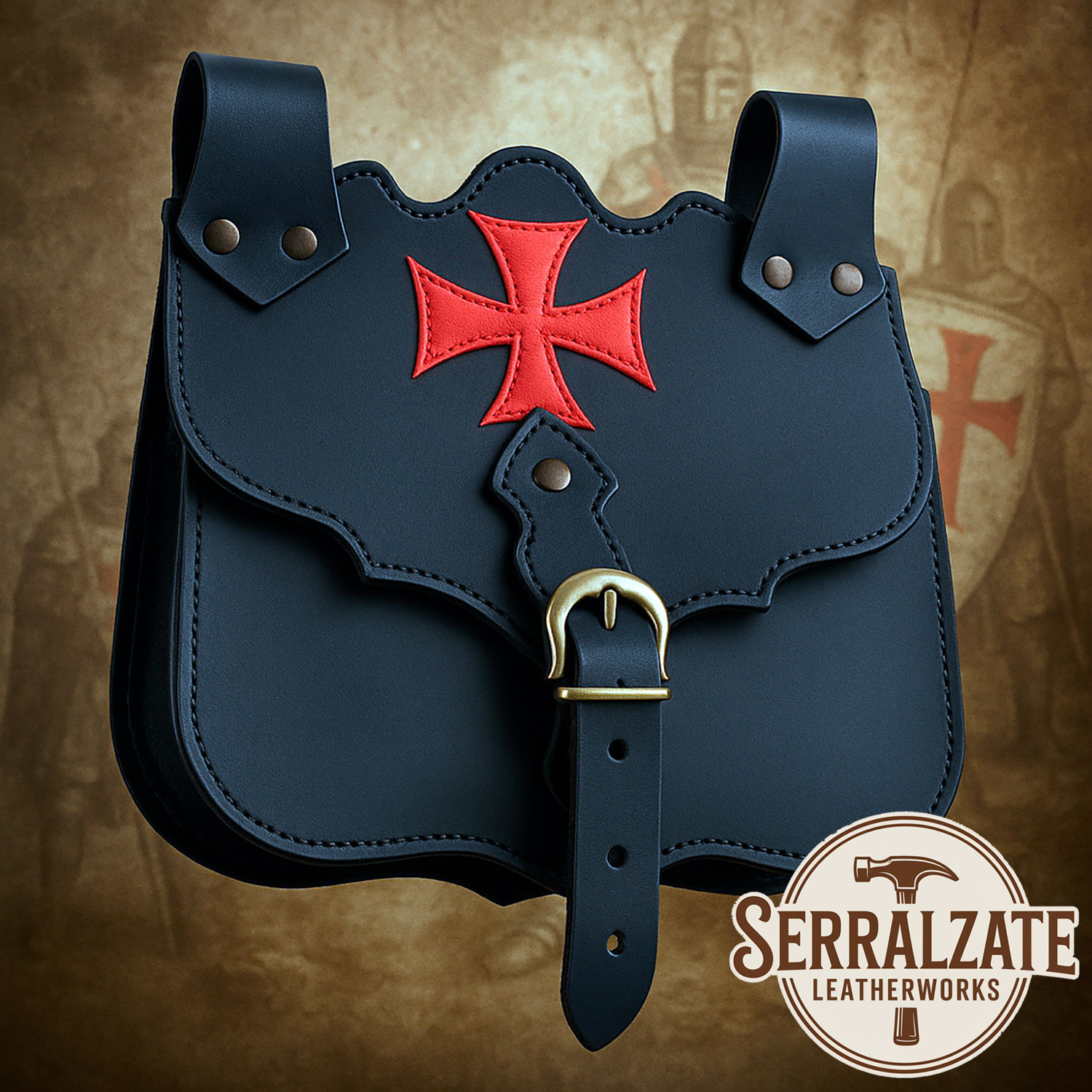 Medieval leather bag model Crossed, black color