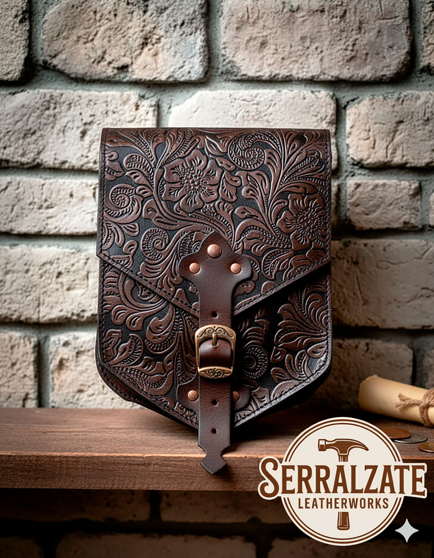 Medieval belt bag repoussé Robert, dark brown color