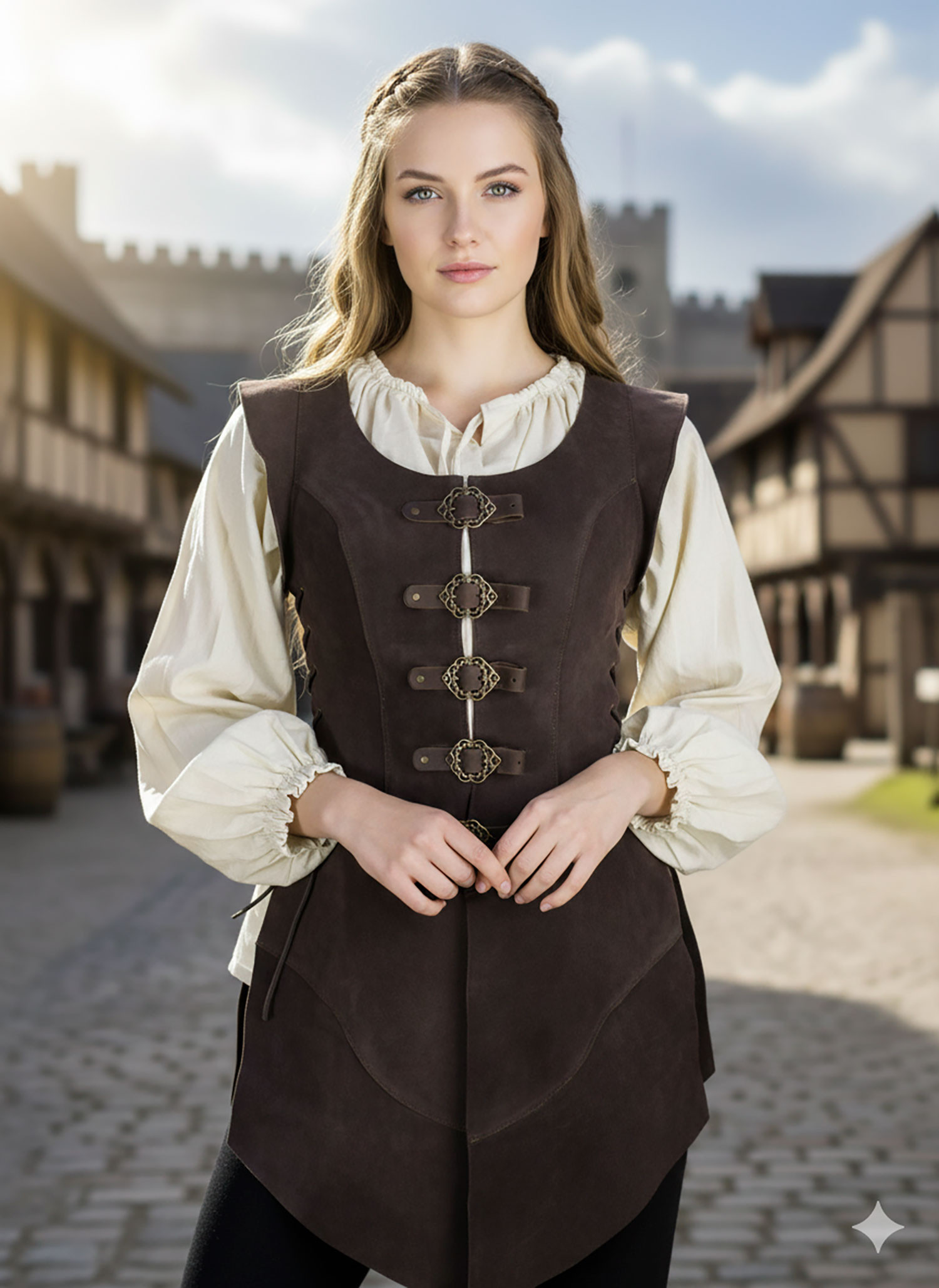 Long medieval leather jerkin Julienne, brown