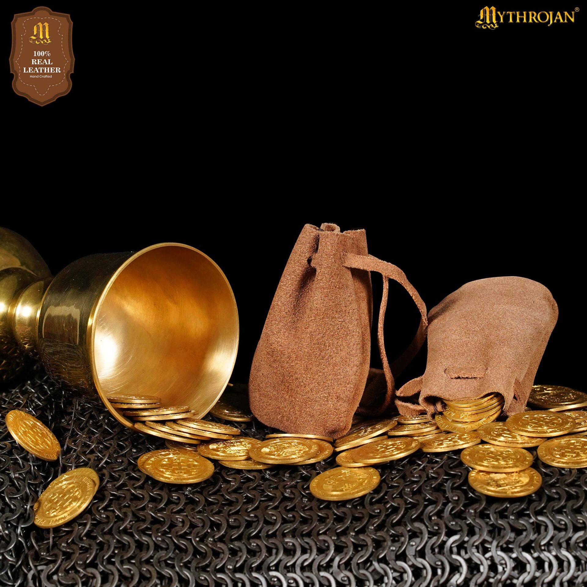 Pack of 2 medieval-style suede pouches, light brown color