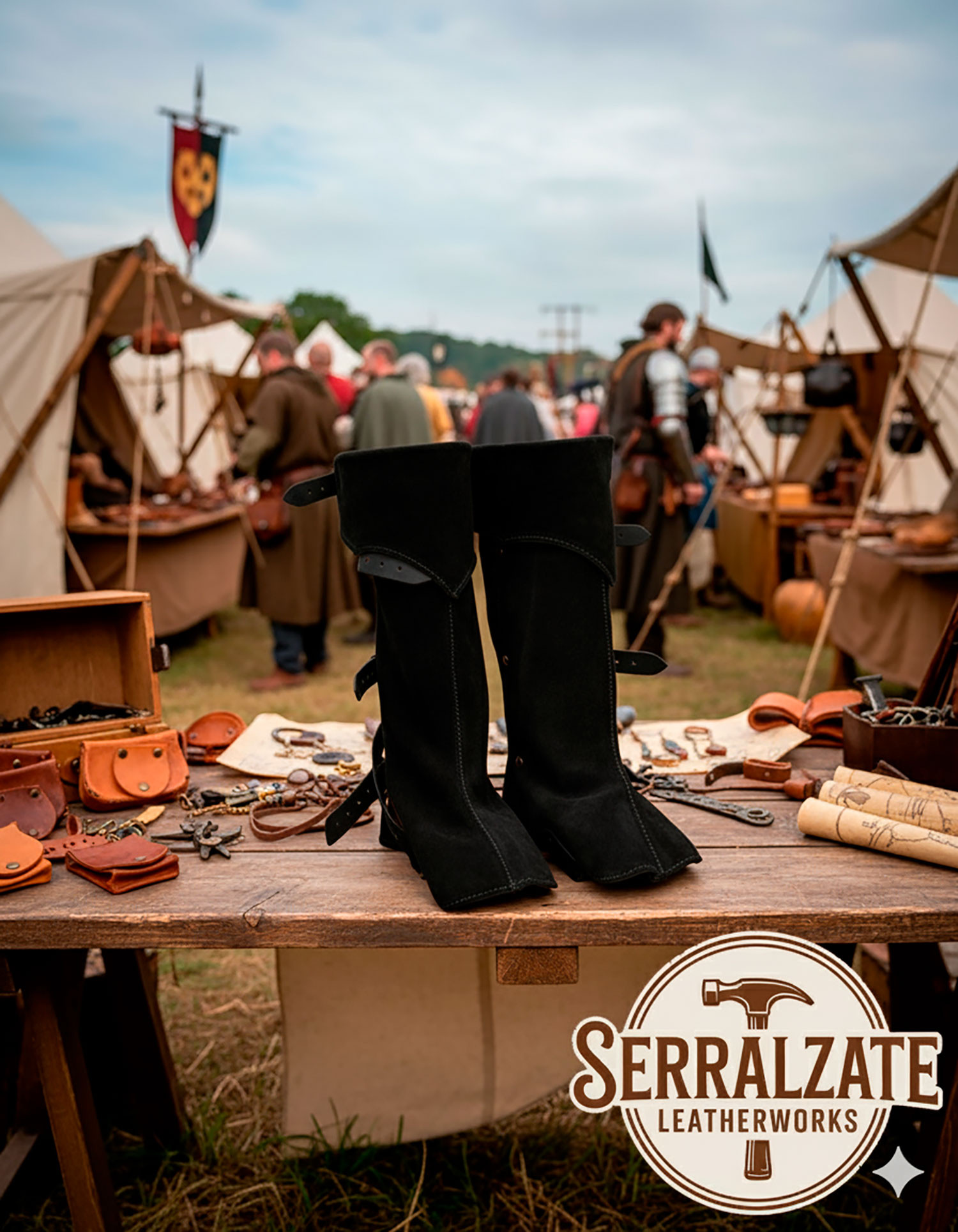 Medieval leather gaiters model Esteban, black color