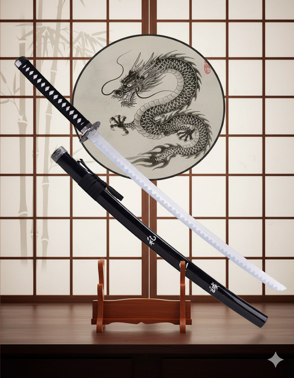 Decorative Katana Tsuba Dragon and Bamboo Leaf (103 cm.)