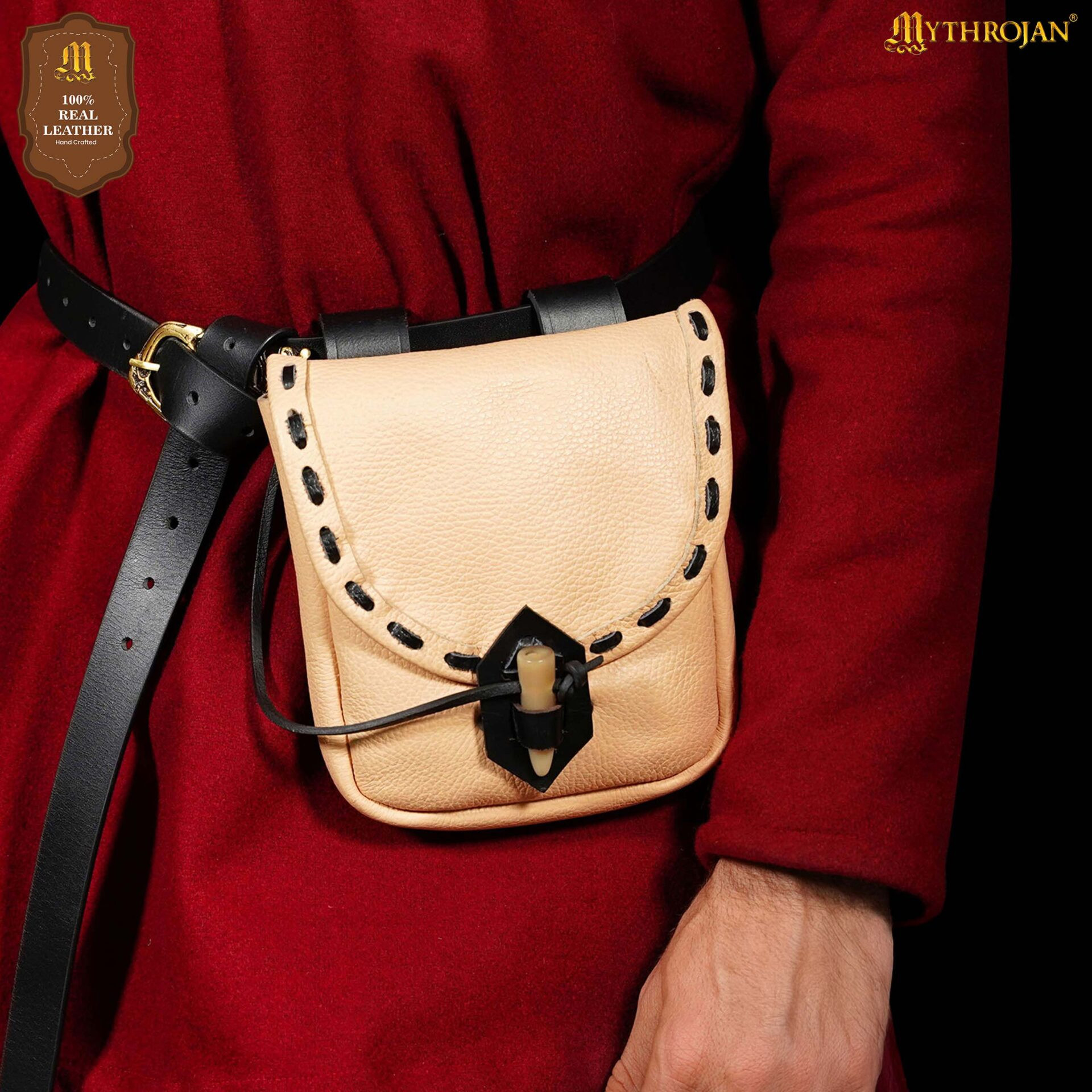 Medieval leather bag with bone closure, natural color