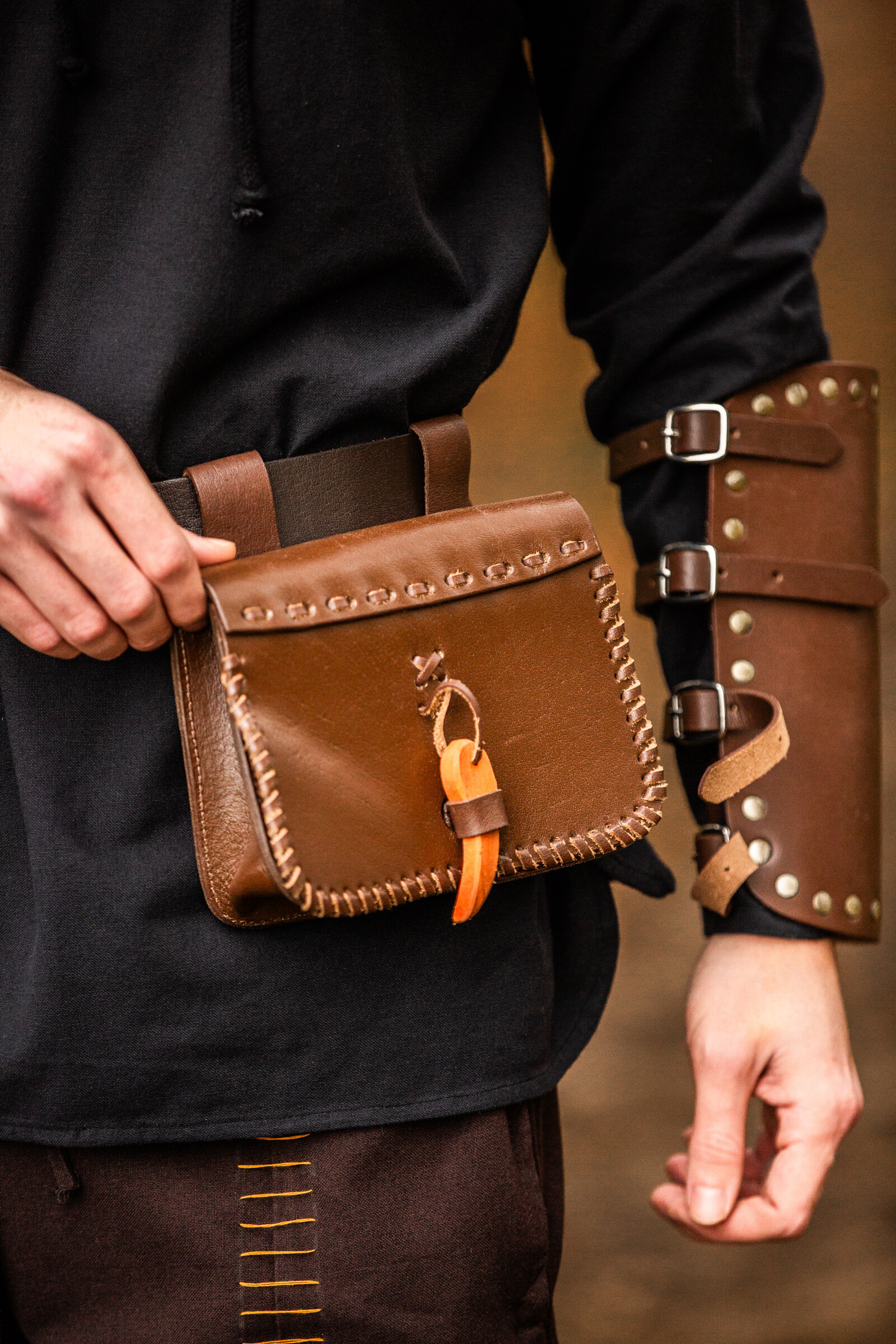 Medieval leather waist bag model Volmar, brown color