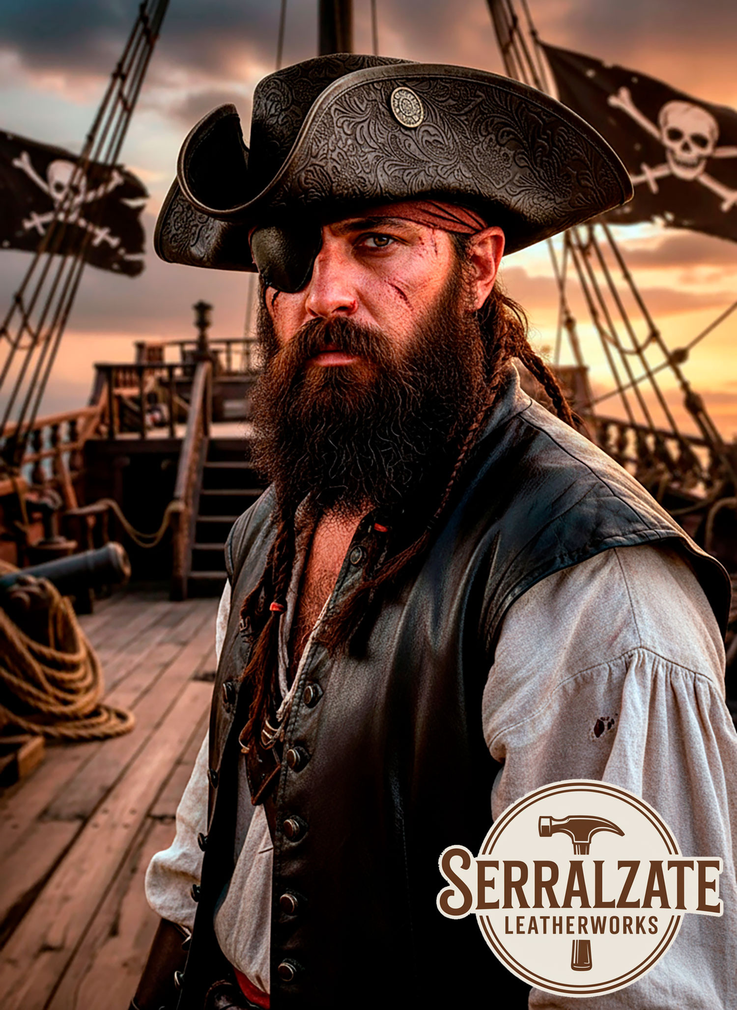 Dark Brown Deluxe Leather Tricorn Pirate Hat