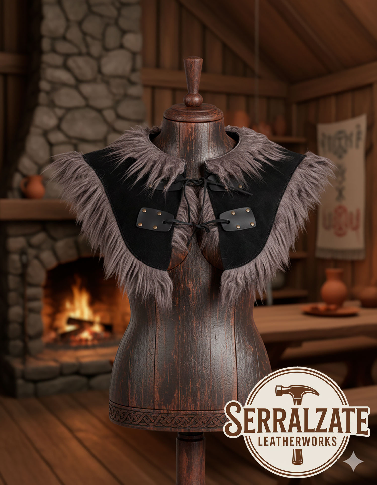 Evaristo Collar Black Cape with Gray Fur