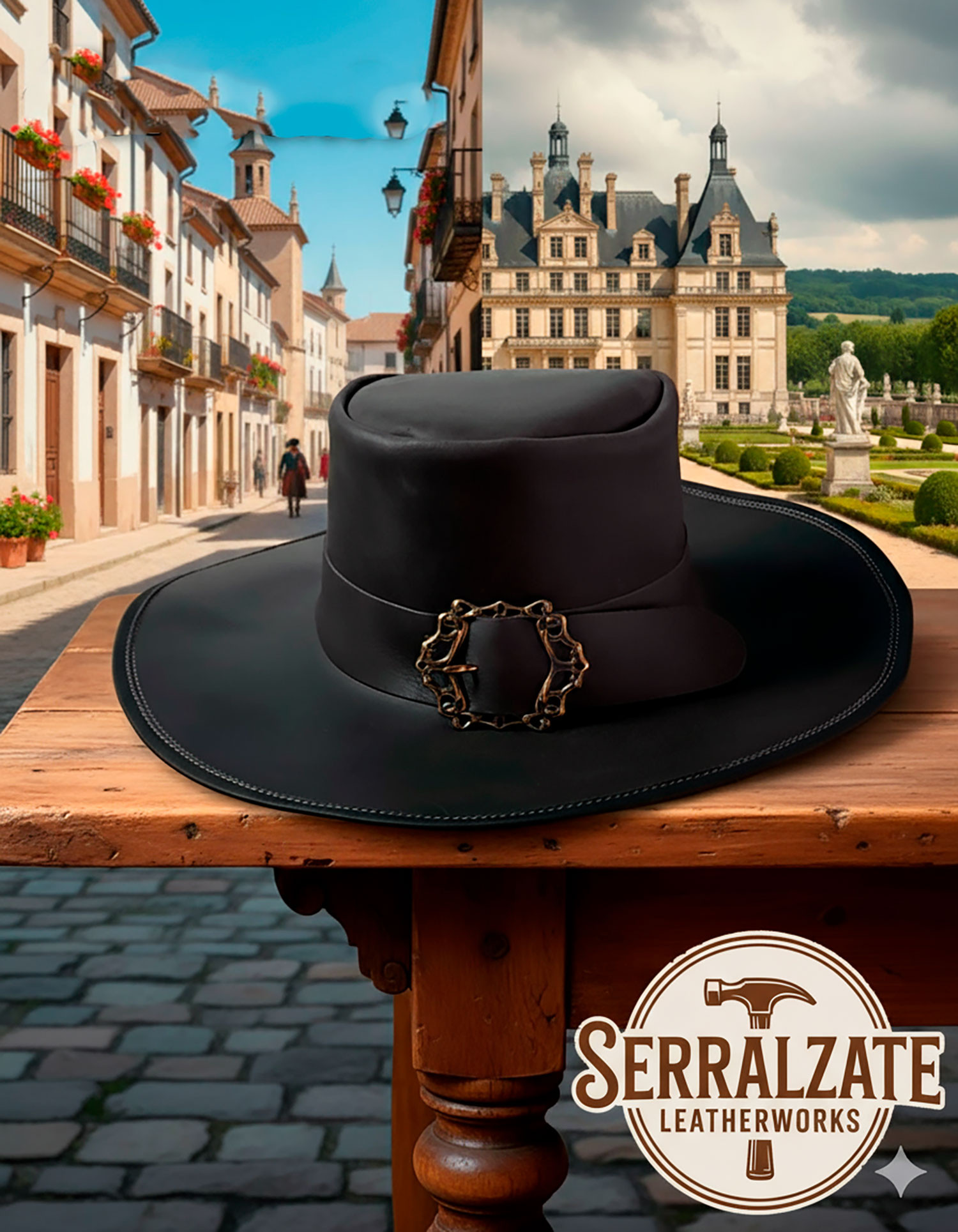 Medieval leather hat model Hidalgo, black color