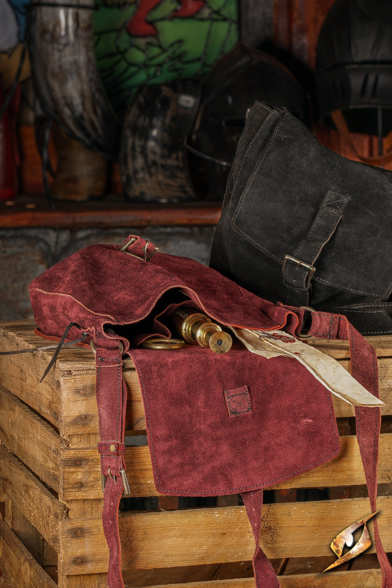 Medieval suede leather shoulder bag, burgundy color