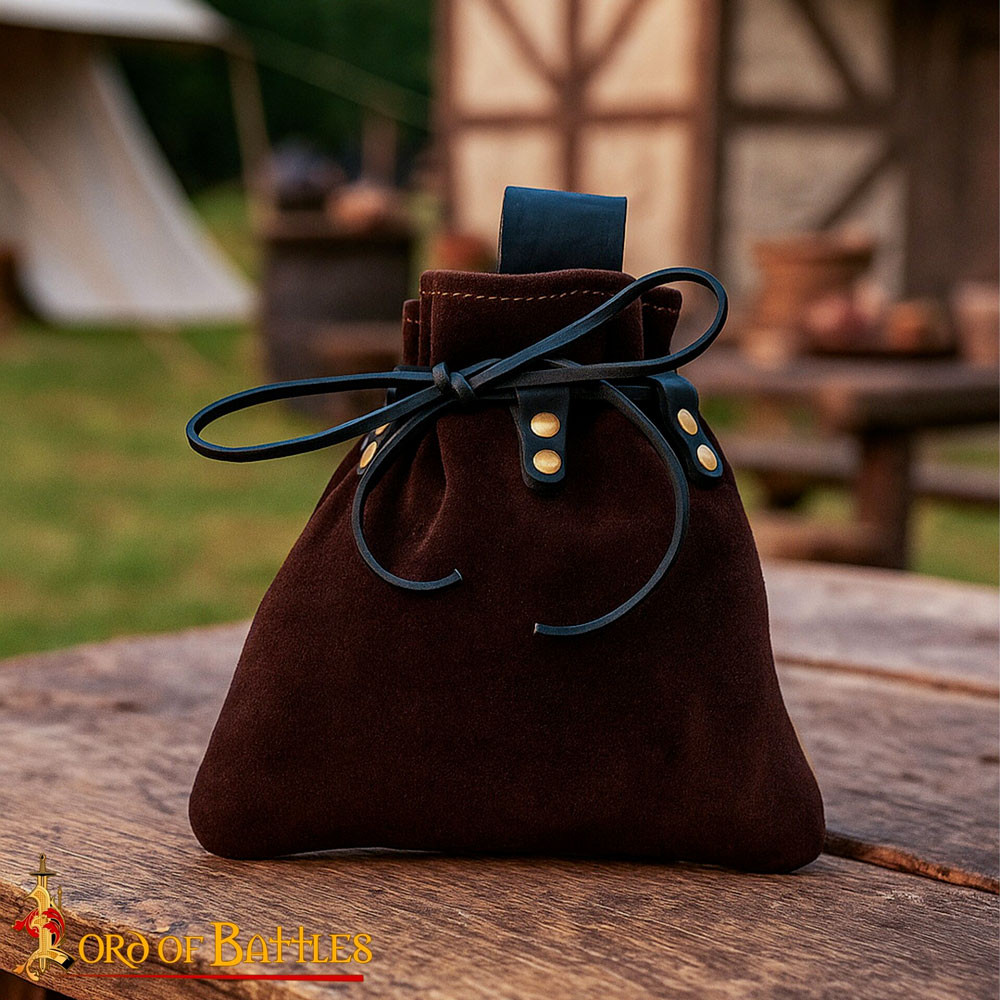 Medieval fanny pack with cord closure, genuine suede leather