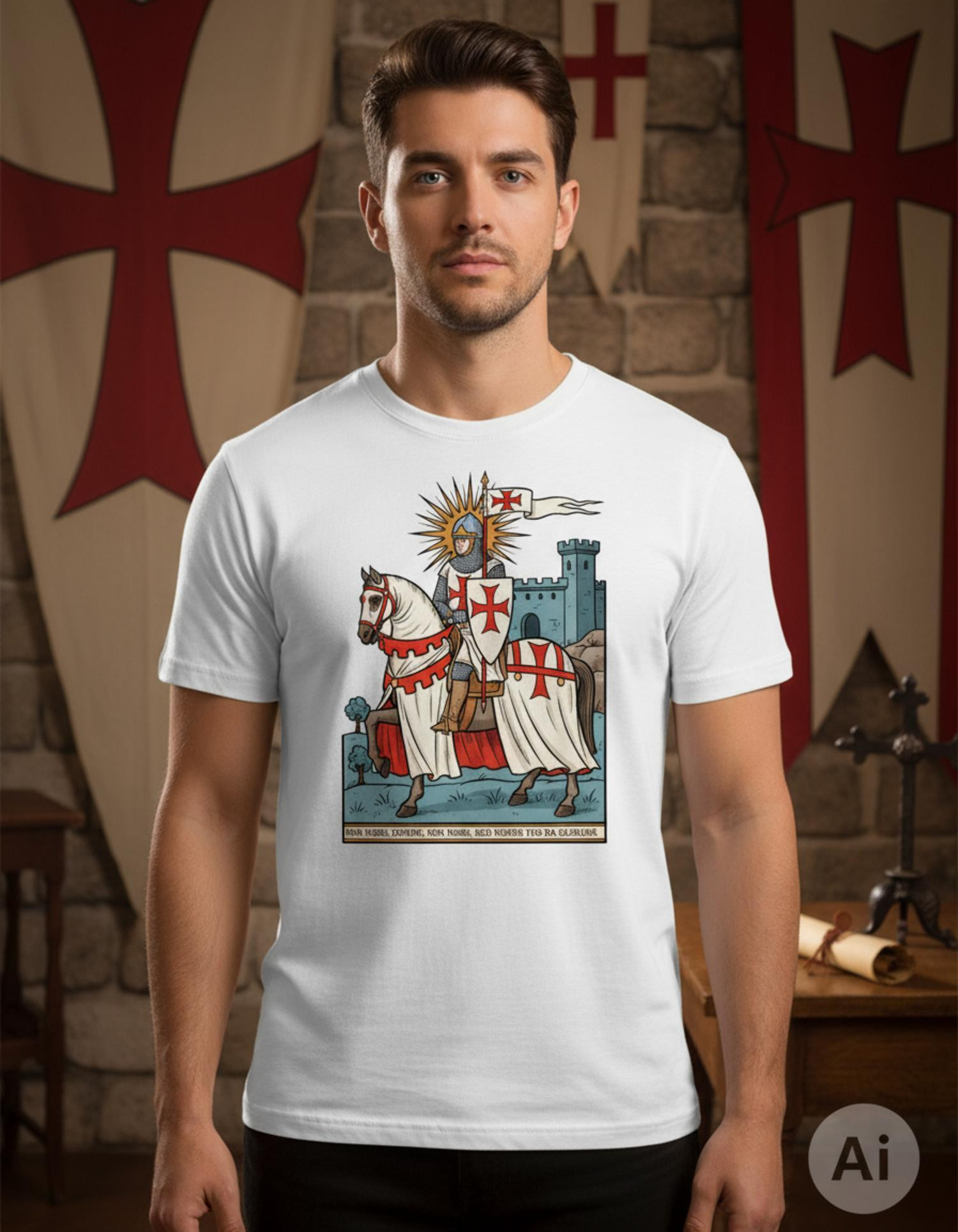 Men's White T-Shirt with Templar Theme