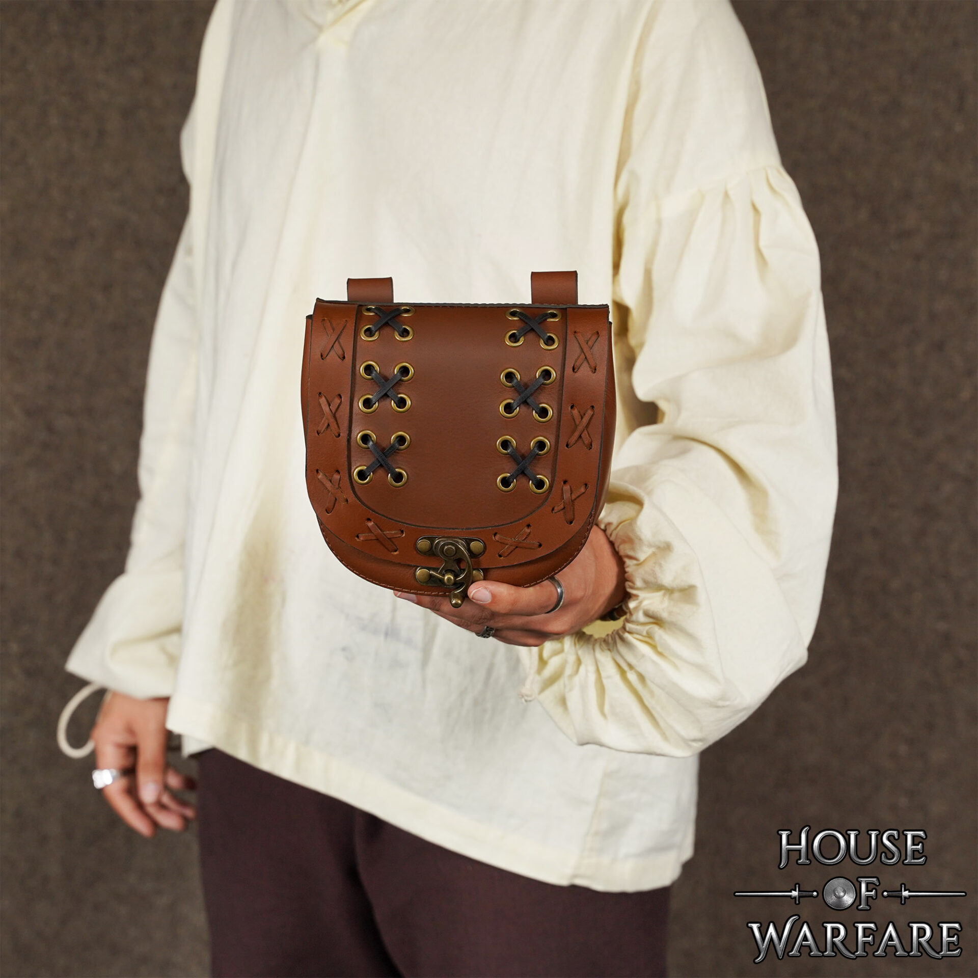 Medieval belt bag with laces, brown color