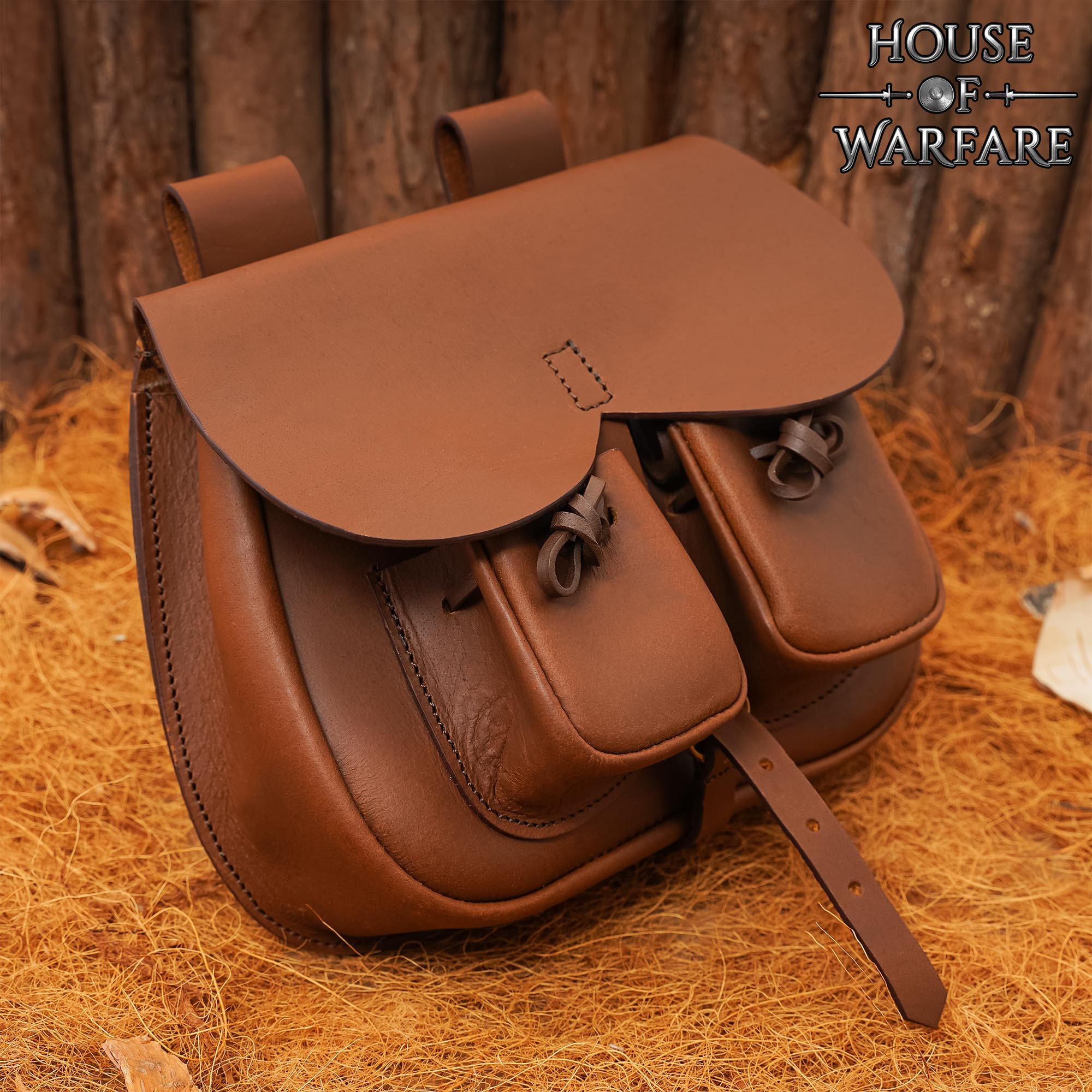 Brown leather medieval bag with pockets, for belts