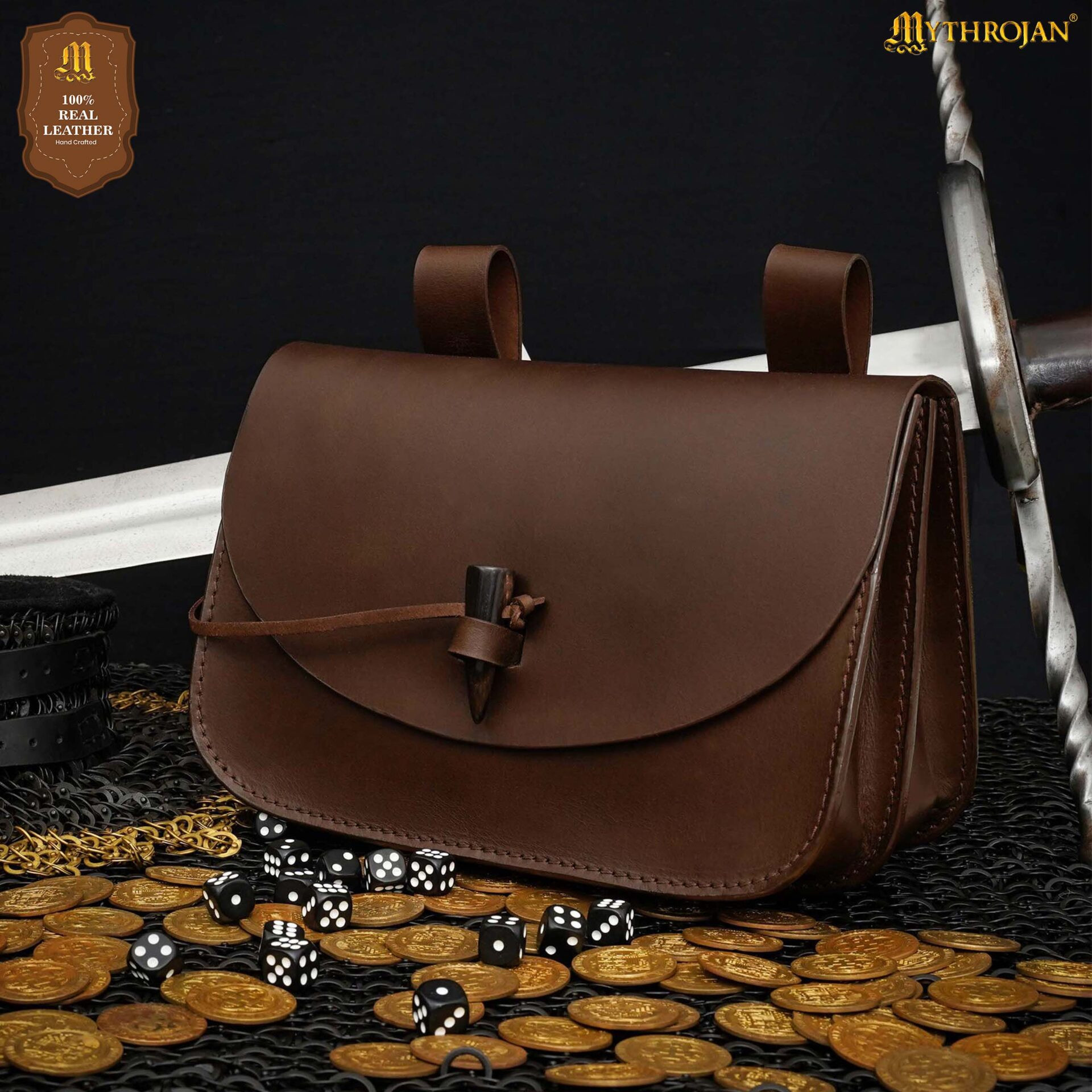 Medieval belt bag with horn closure, dark brown color