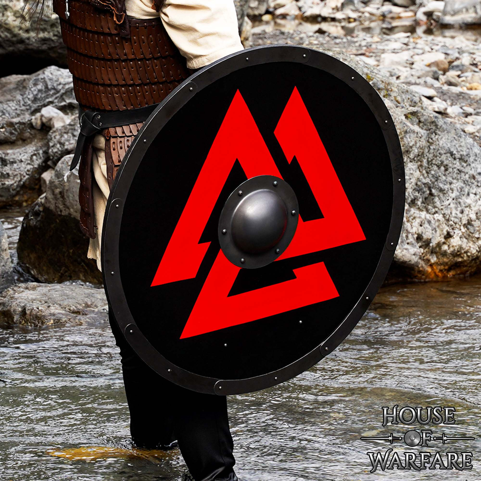 Round Viking Shield in Wood Model Valknut Odin