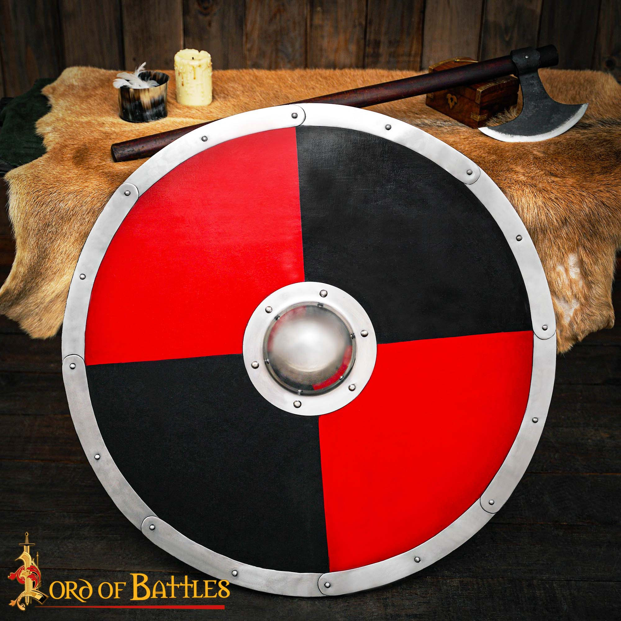 Viking Combat Shield in Solid Wood, Black-Red