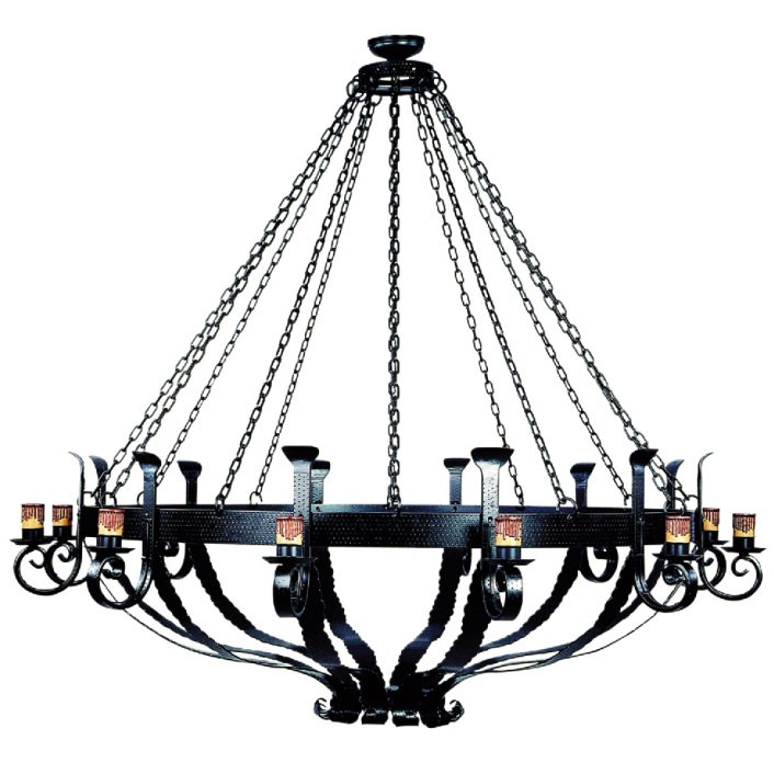 Large medieval wrought iron lamp with chains