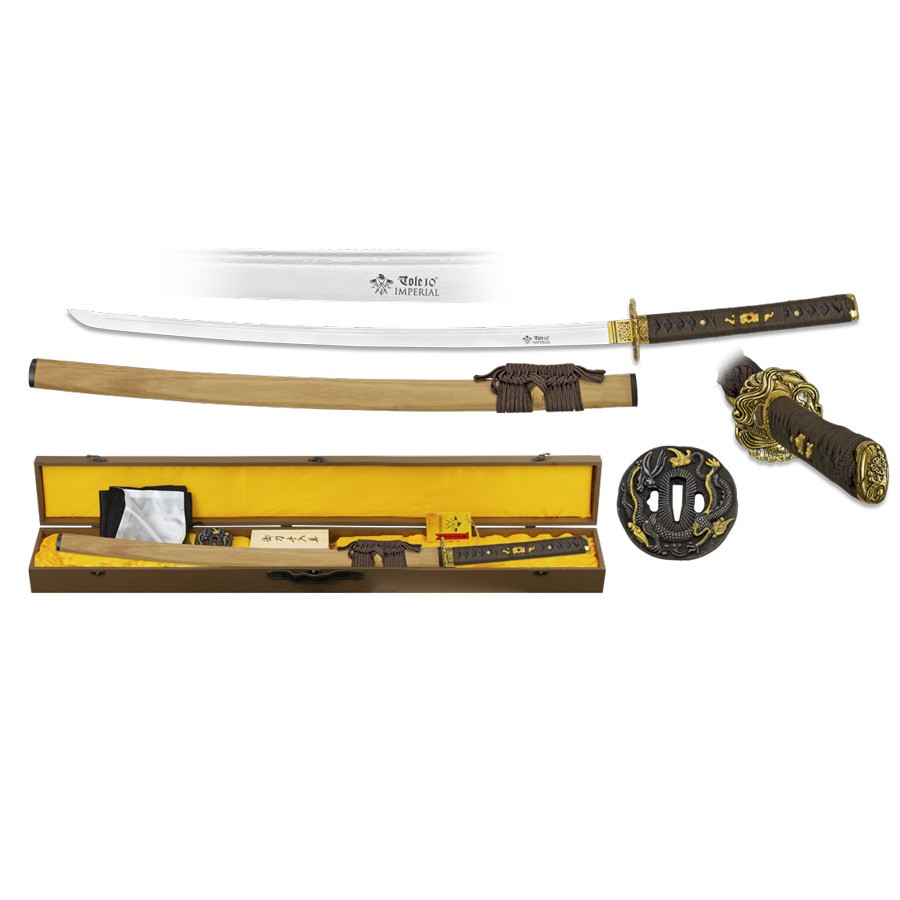 Katana Damascus steel blade with box, sheath, cleaning kit and tsubas