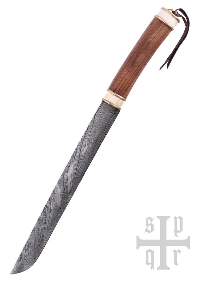 Seax viking damascus knife, walnut and bone handle