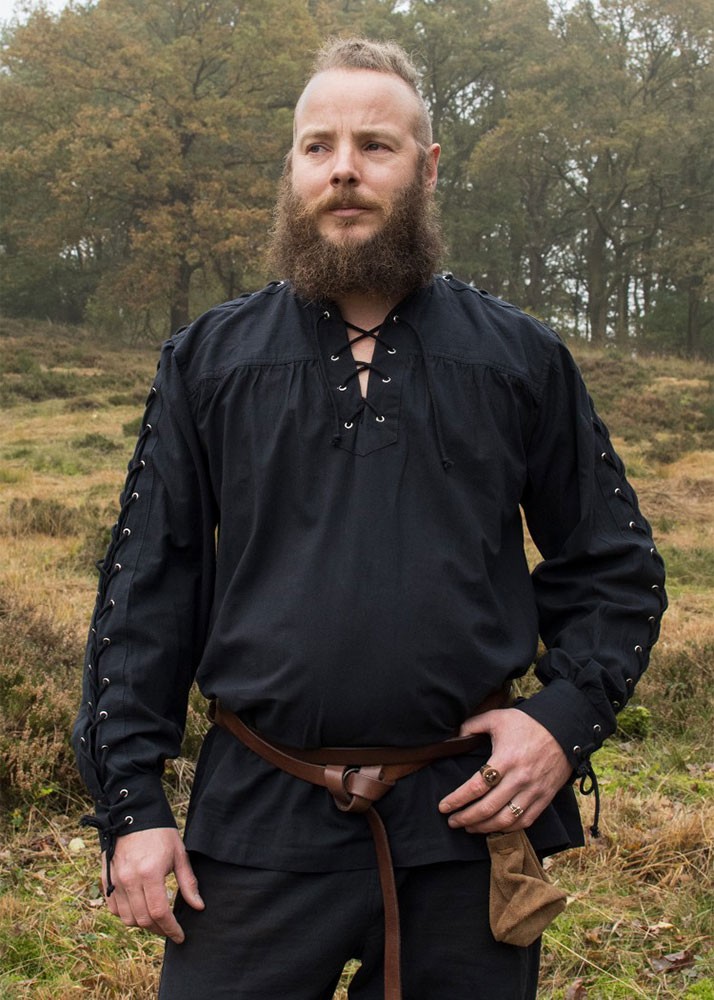 Black medieval shirt with ties Corvin model