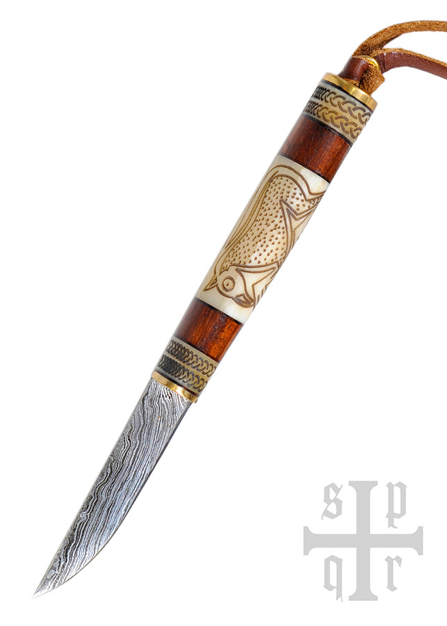 Small Viking knife in Damascus steel and bone wood