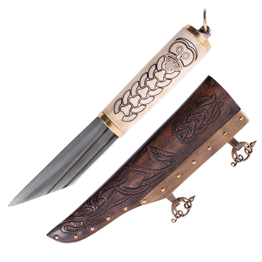 Seax or Viking knife with decorated bone handle