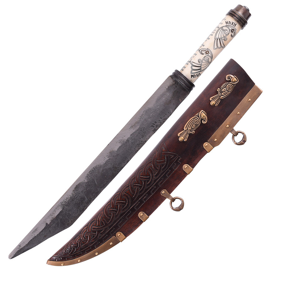 Seax or long Viking knife with decorated bone handle