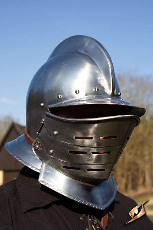 Burgundy helmet with polished steel visor, Epic Armory