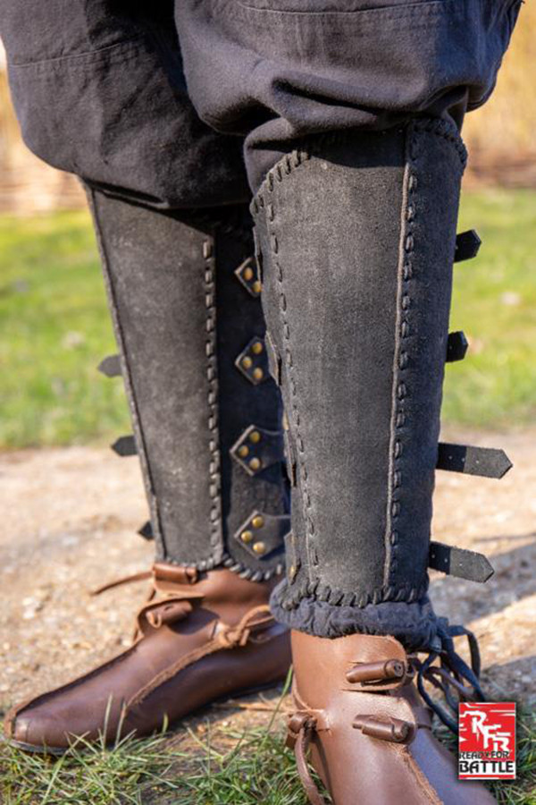 Veteran's medieval greaves, in black leather