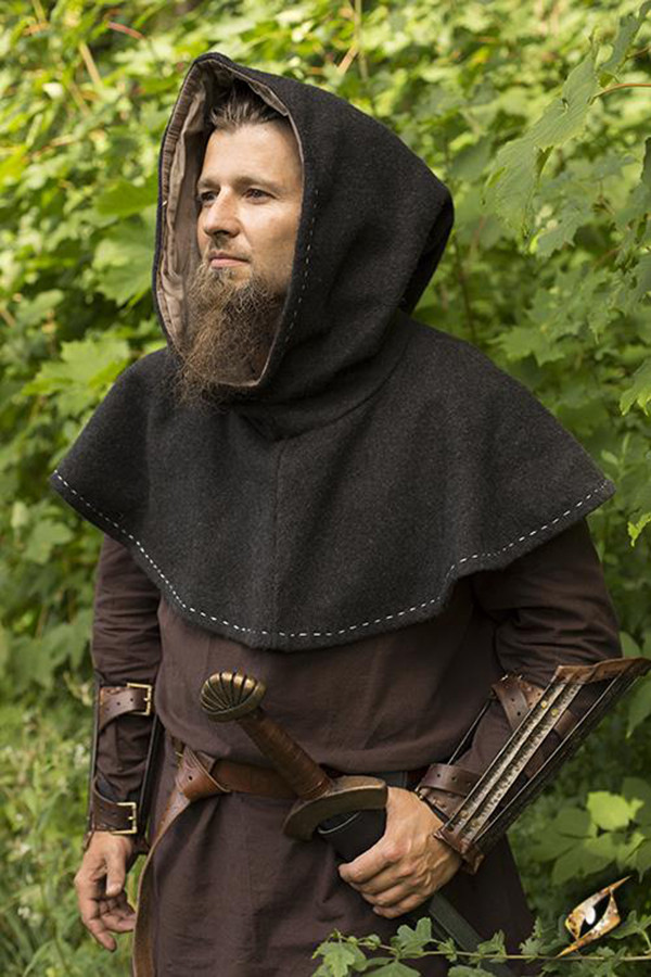 Medieval hood with epaulettes, gray color