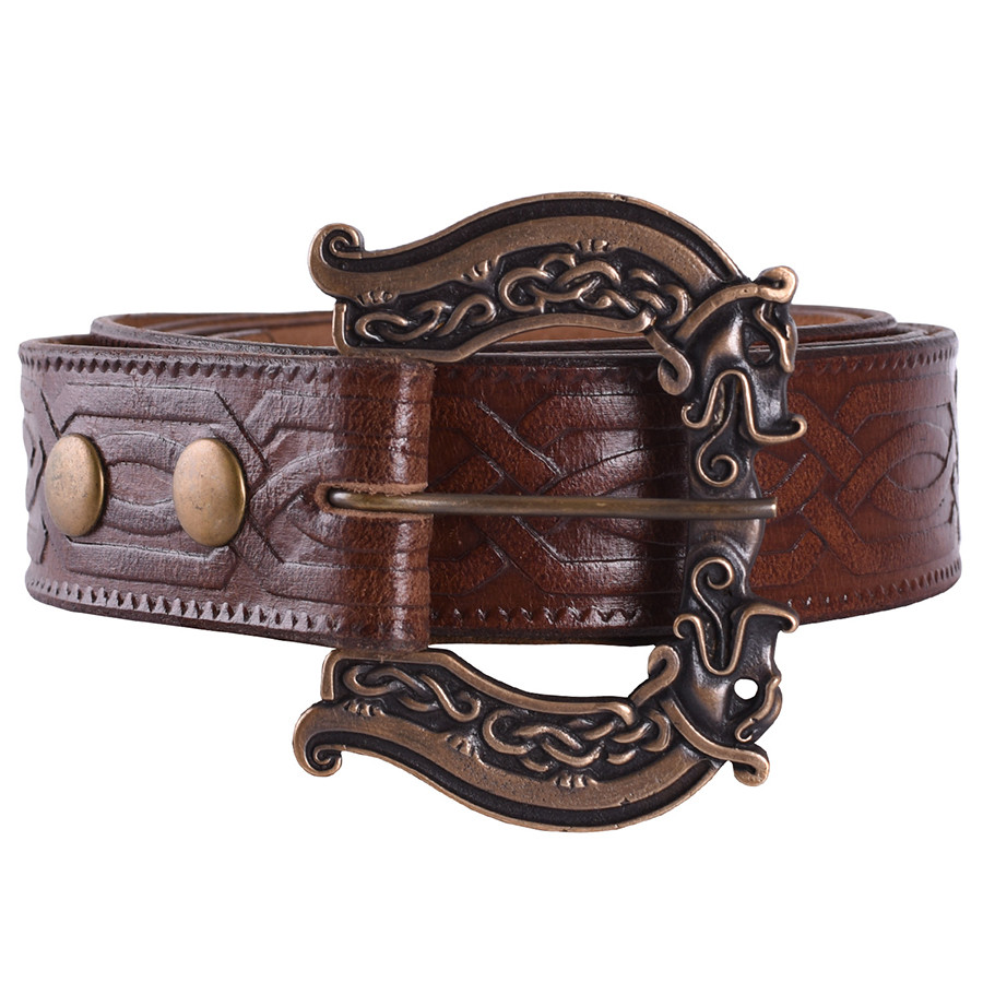 Celtic long leather belt with wolves, 170 cm.