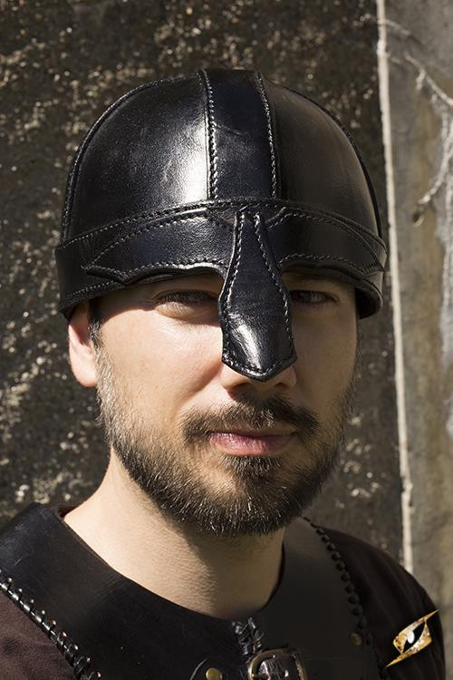 Medieval spangenhelm helmet in black leather for LARP