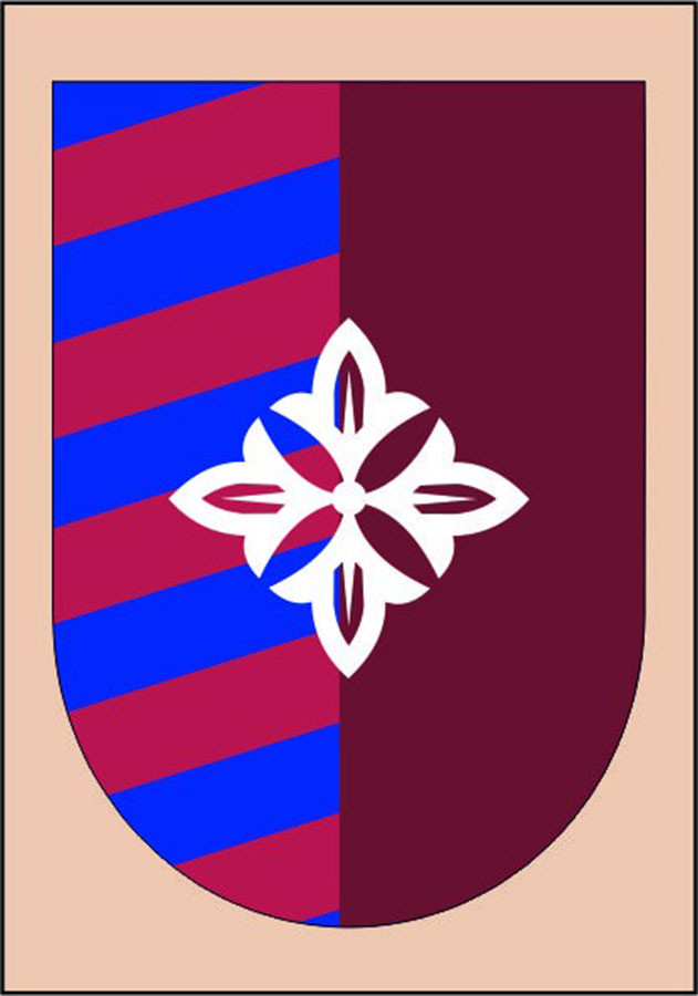 Garnet-red-blue Medieval banner with central lys flower