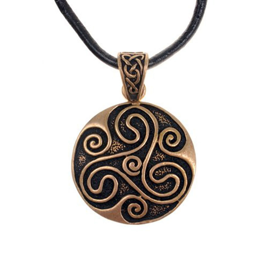 Celtic Triskele spiral pendant with black leather strap