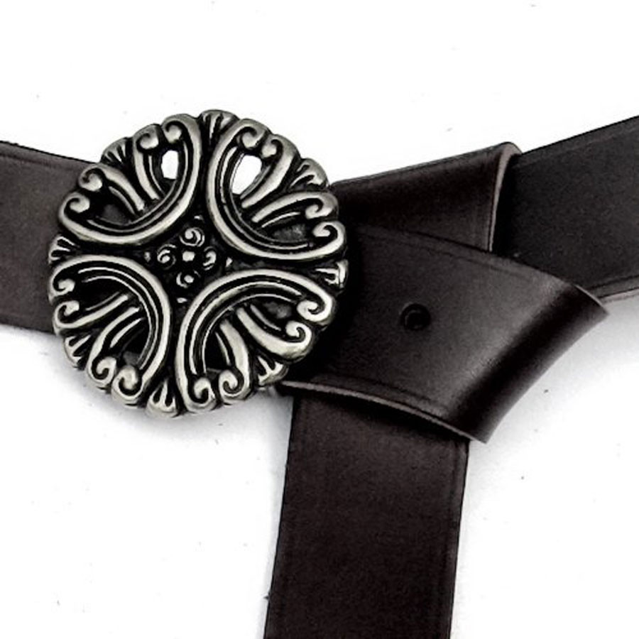 Long medieval leather belt with floral buckle