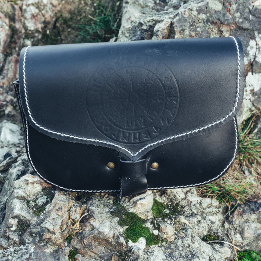 Viking waist bag in leather Folkvar with Vegvisir, black color
