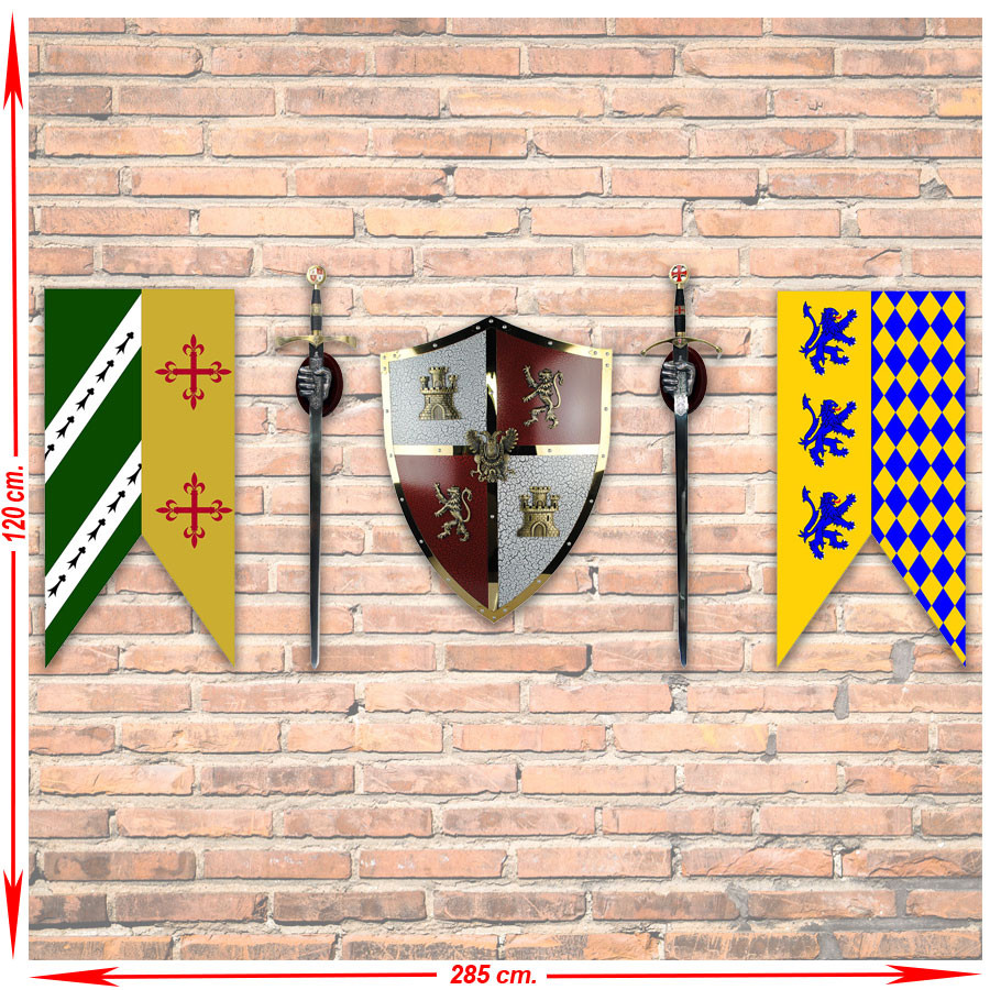 Castilla y León medieval panoply with swords, banners and shield