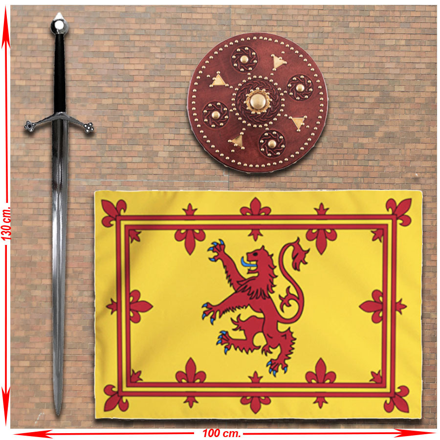 King of Scots panoply with greatsword, targe shield and banner