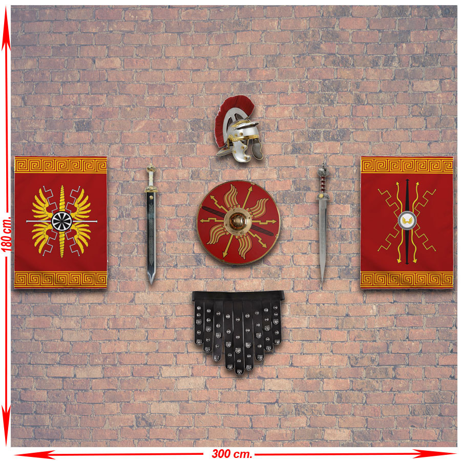 Panoply weapons Roman legions. banners, shield, gladius, helmet and cingulum