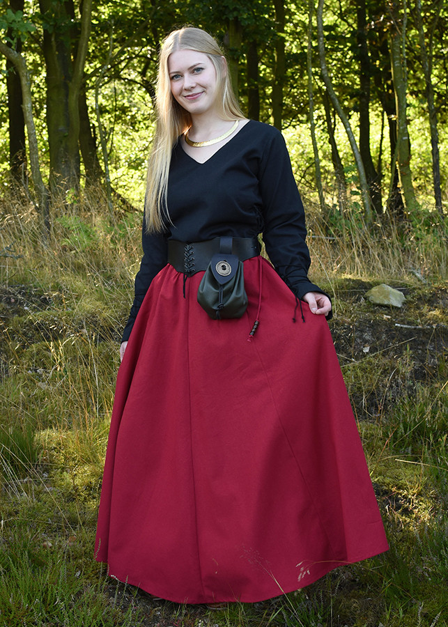 Long red wide flared medieval skirt