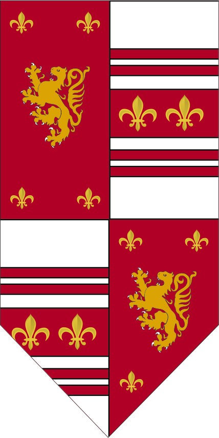 Medieval banner quartered with lion rampant and fleur de lis
