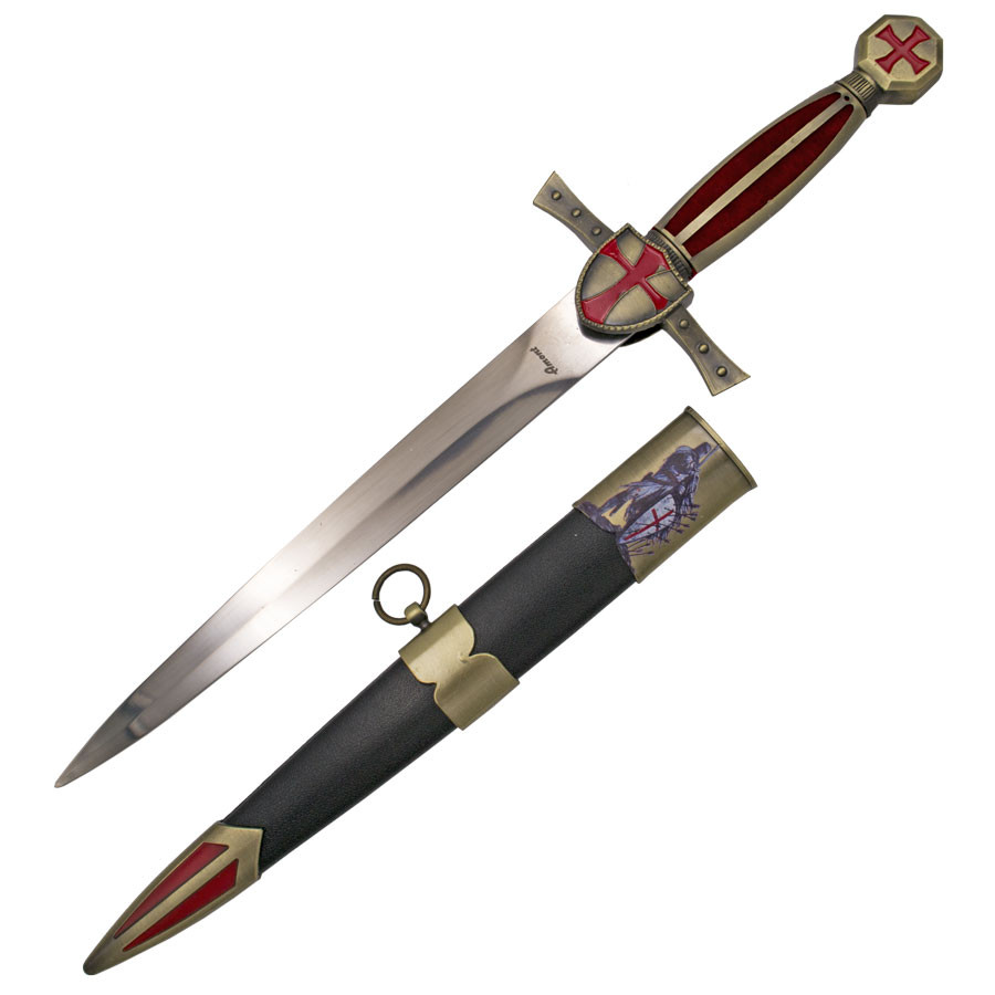 Templar medieval dagger, red cross pommel