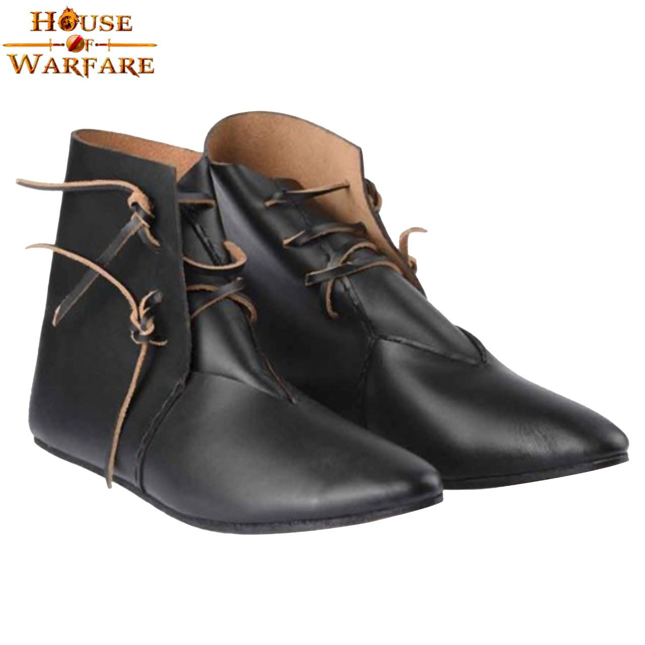 Medieval leather ankle boots with laces - Black