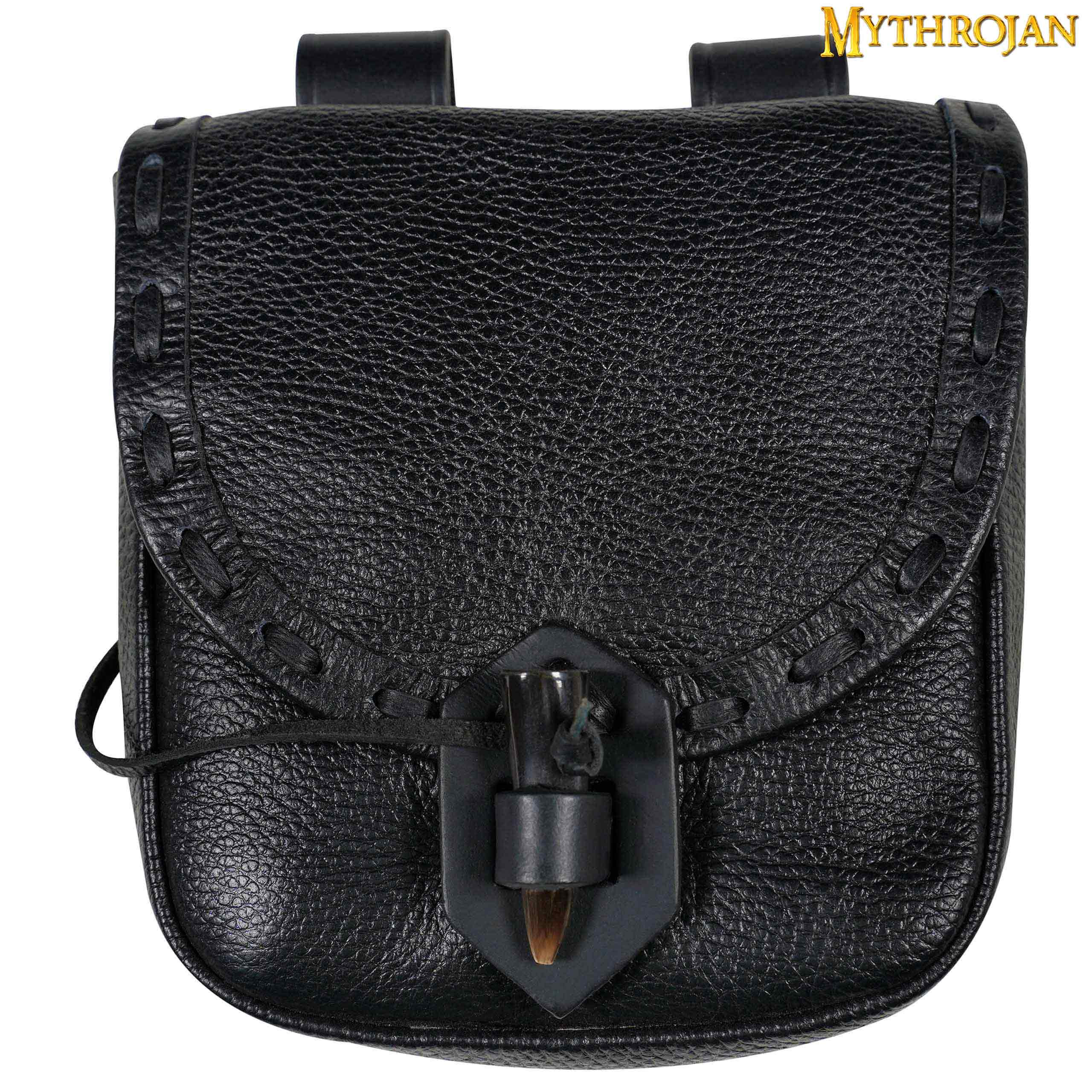 Medieval leather bag with horn closure - Black (20x17.5 cm.)