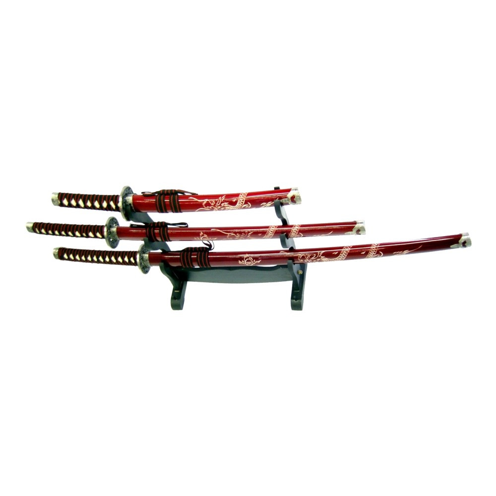 Ornamental set Dragon with Katana, wakizashi and red tanto