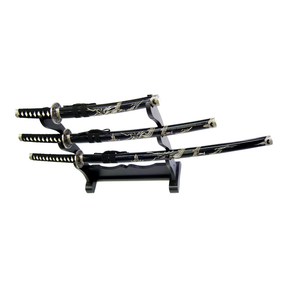 Dragon ornamental set with black Katana, wakizashi and tanto