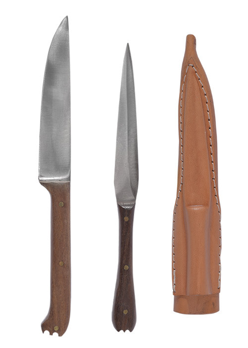 Set 2 medieval cutlery with leather cover - wooden handle
