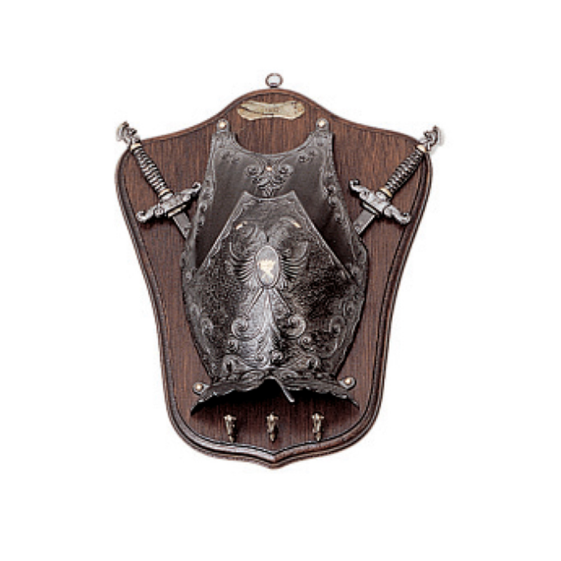 Medieval panoply, keychain type, with 2 swords and shield (21x47 cm.)