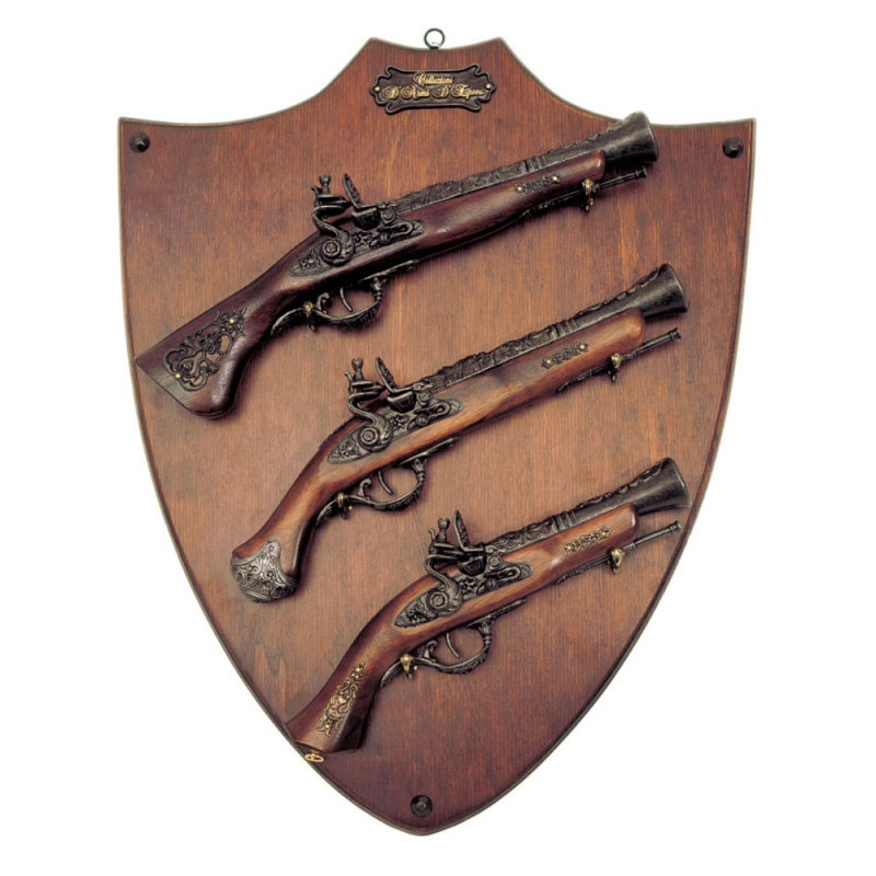 Panoply 3 flintlock pistols with table (57x47 cm.)
