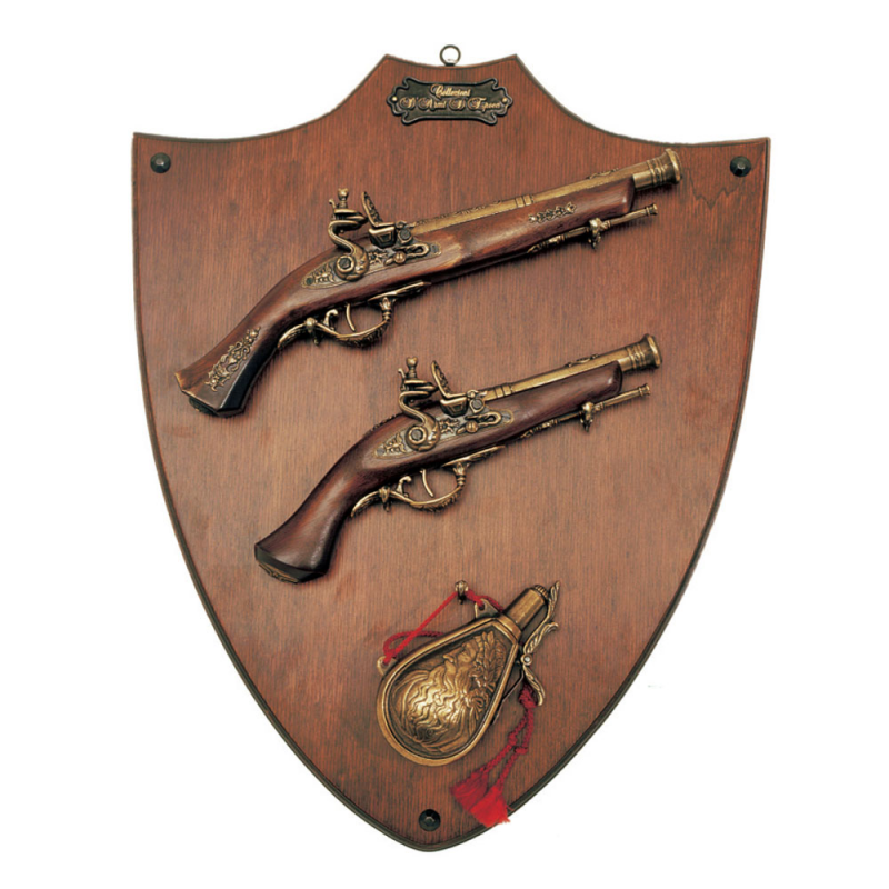 Panoply with 2 flintlock pistols, powder box with table (57x47 cm.)