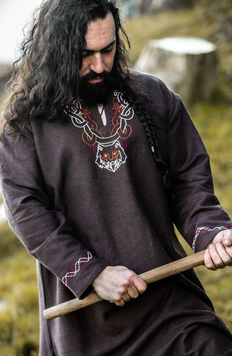 Viking tunic with Freki embroidery, brown